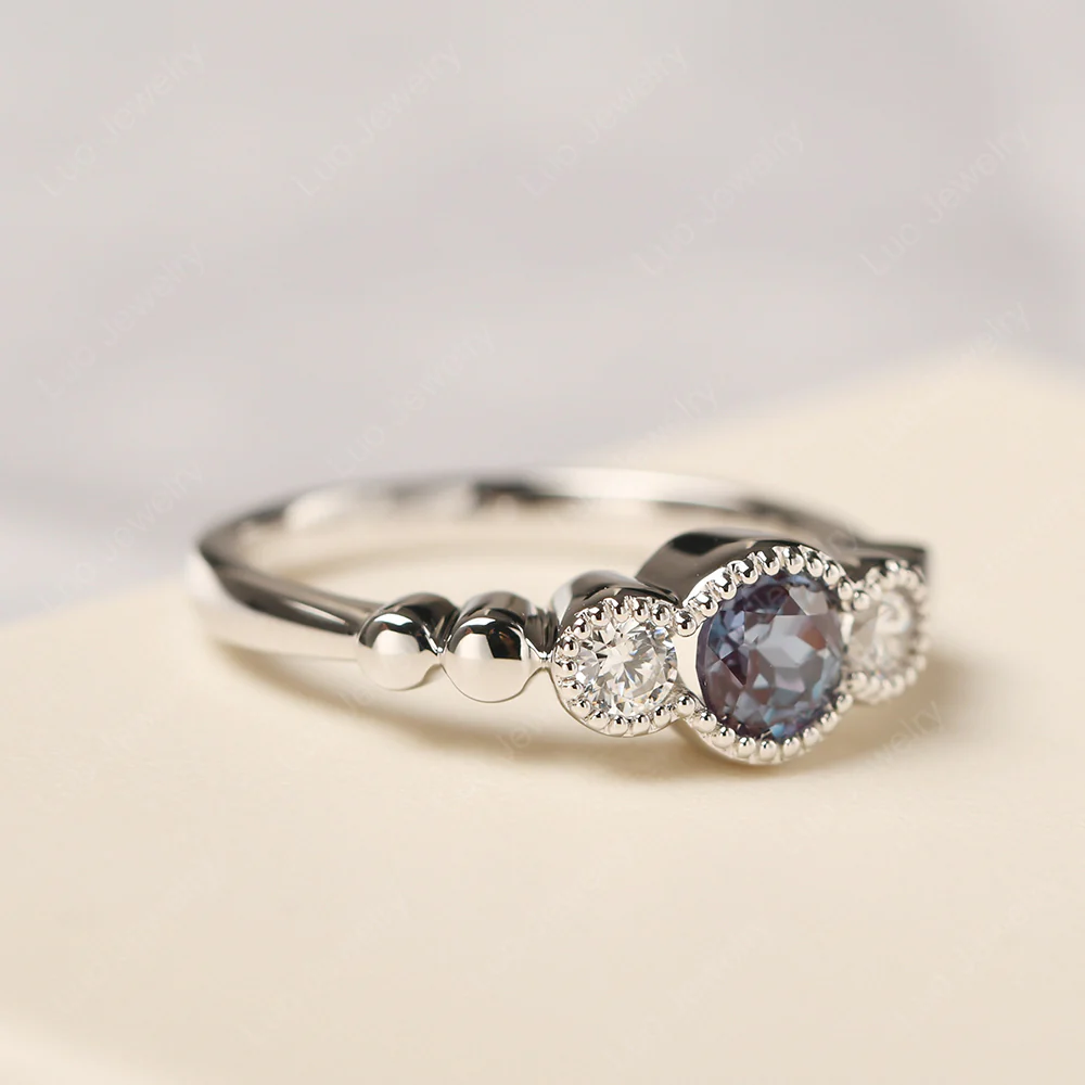 3 Stone Bezel Set Alexandrite Milgrain Ring - Image 2