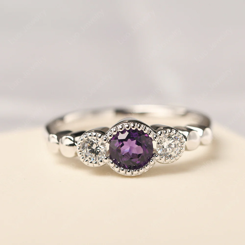 Amethyst Three Stone Milgrain Ring