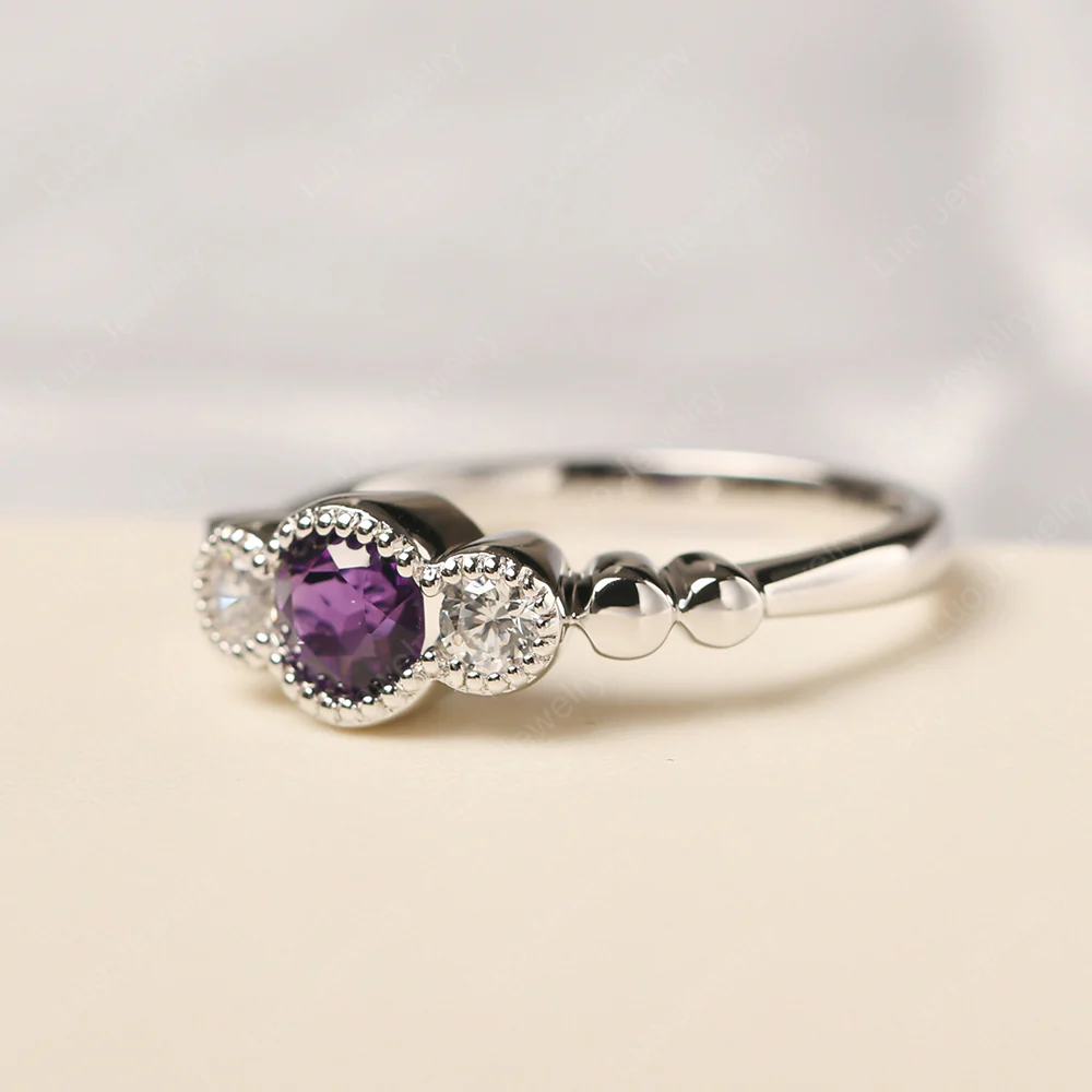 Amethyst Three Stone Milgrain Ring - Image 2