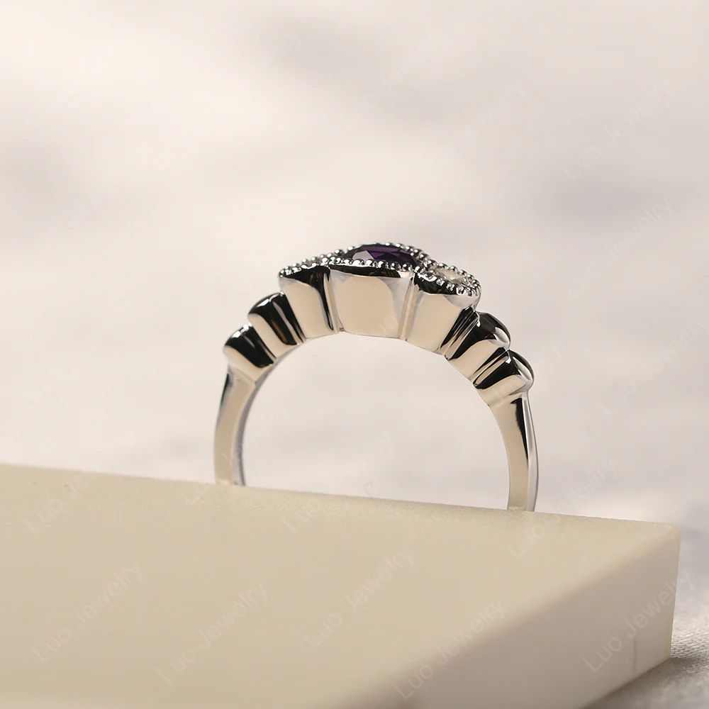 Amethyst Three Stone Milgrain Ring - Image 4