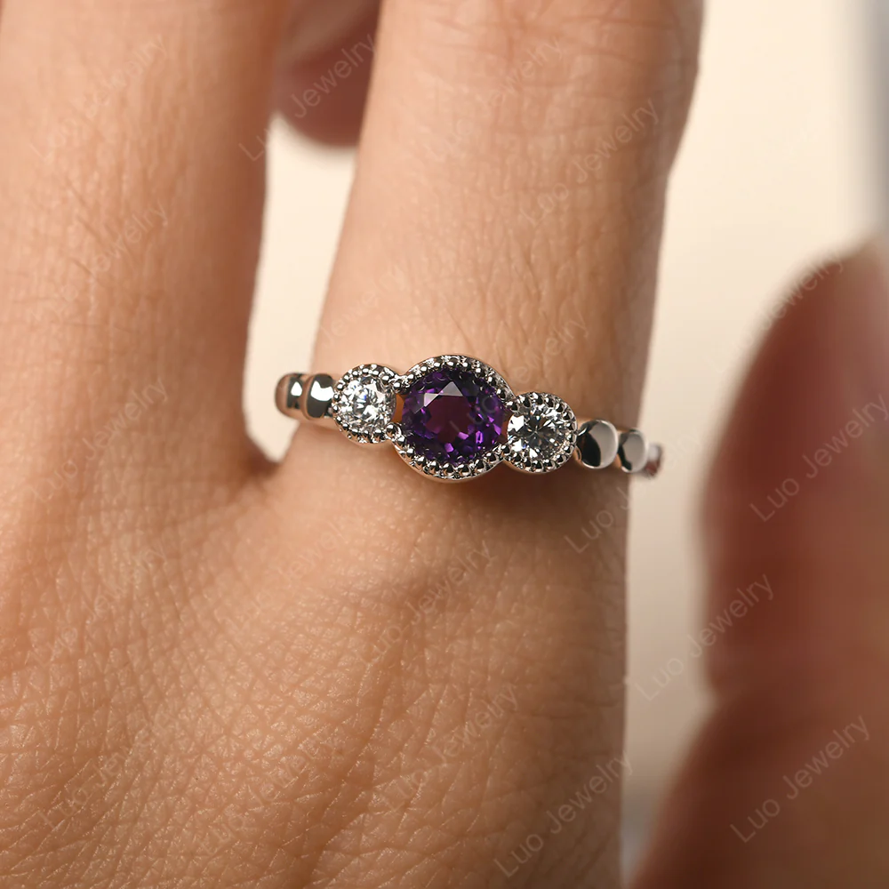 Amethyst Three Stone Milgrain Ring - Image 5