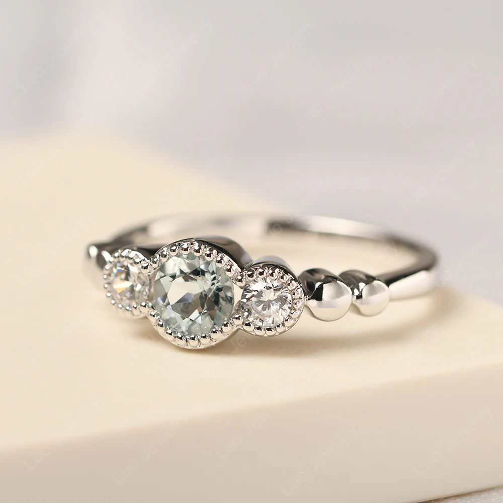 3 Stone Bezel Set Aquamarine Milgrain Ring - Image 2