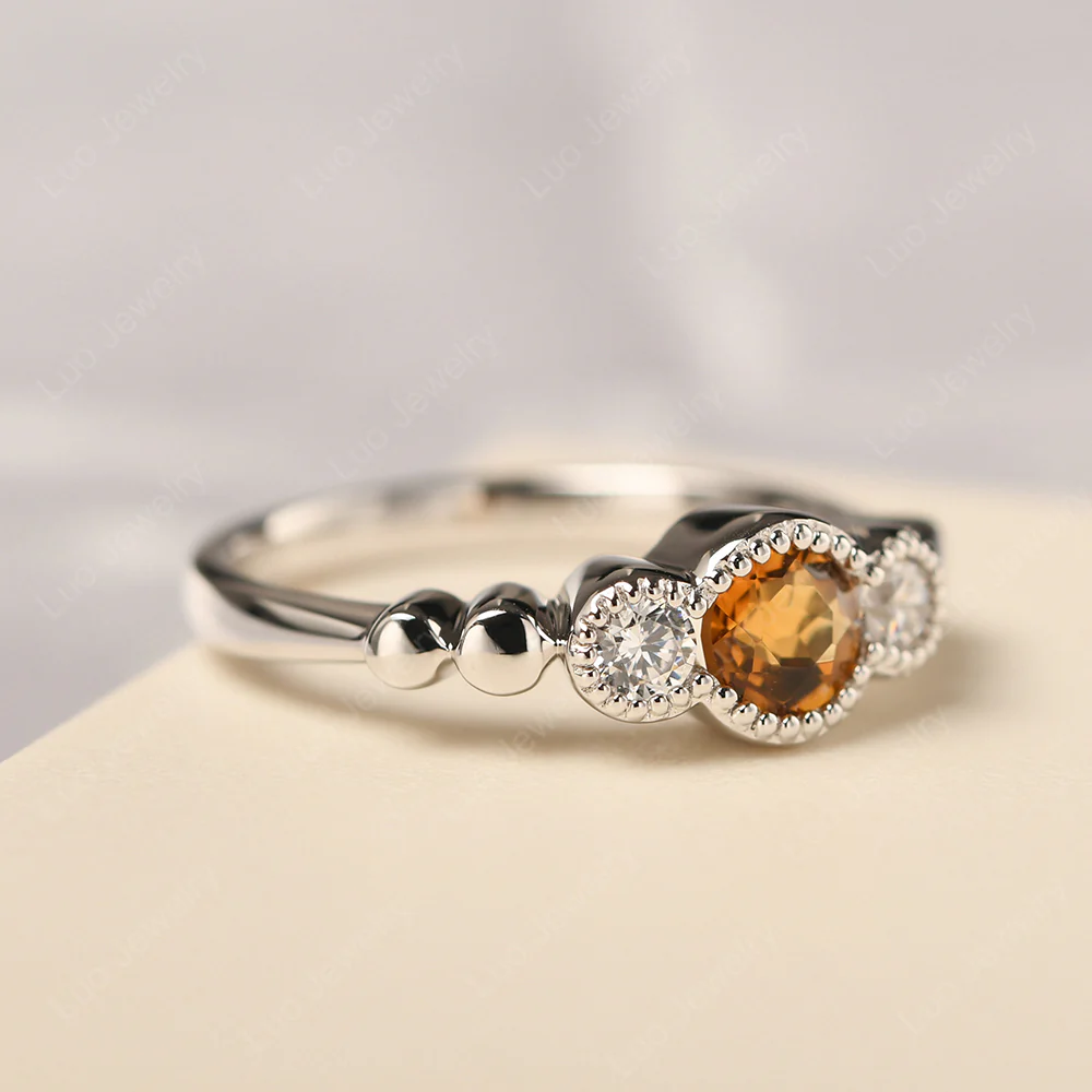 3 Stone Bezel Set Citrine Milgrain Ring - Image 2