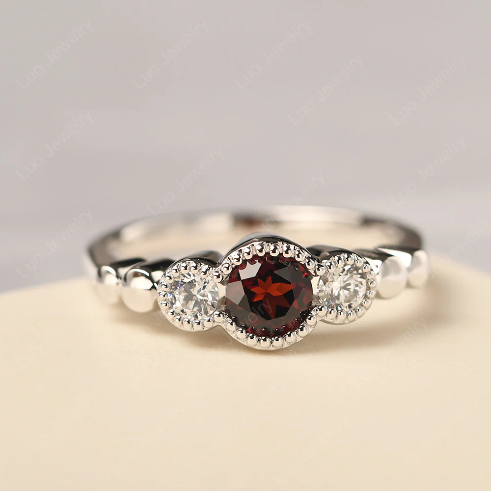 3 Stone Bezel Set Garnet Milgrain Ring
