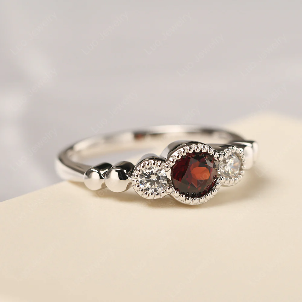 3 Stone Bezel Set Garnet Milgrain Ring - Image 2
