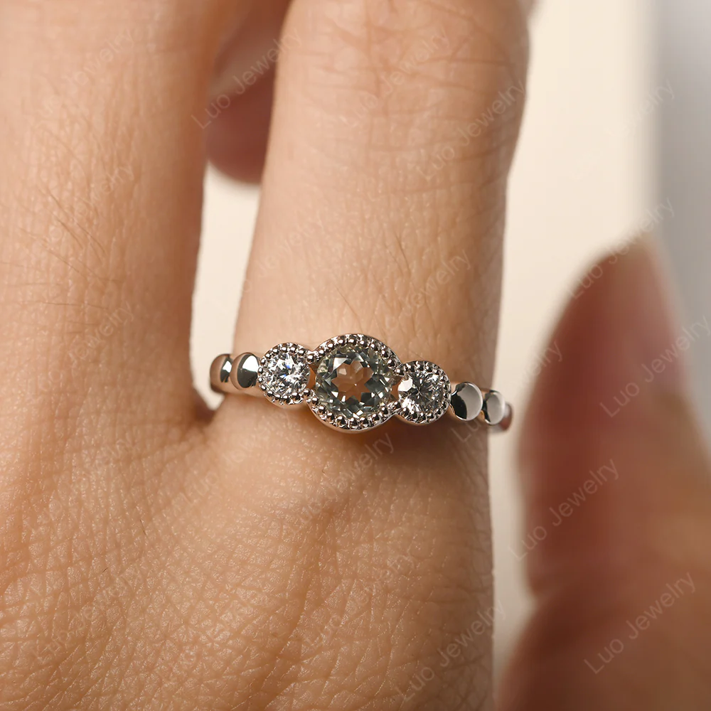 Green Amethyst Three Stone Milgrain Ring - Image 5