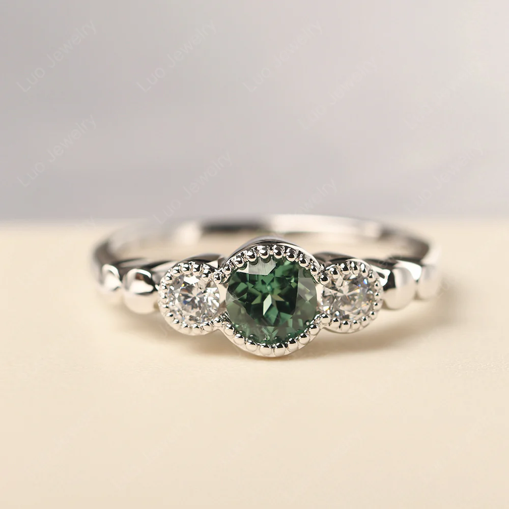 3 Stone Bezel Set Green Sapphire Milgrain Ring
