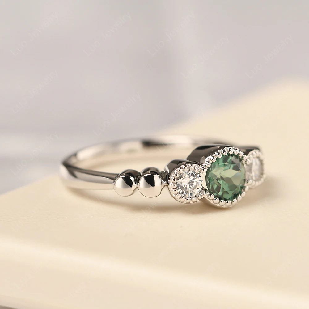 3 Stone Bezel Set Green Sapphire Milgrain Ring - Image 2