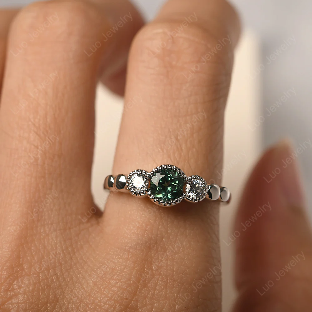 3 Stone Bezel Set Green Sapphire Milgrain Ring - Image 5