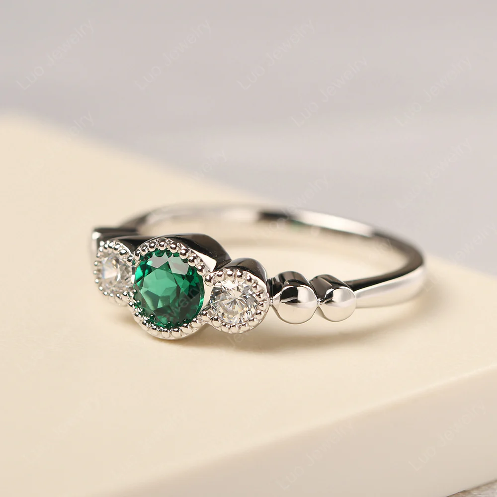Emerald Three Stone Milgrain Ring - Image 2