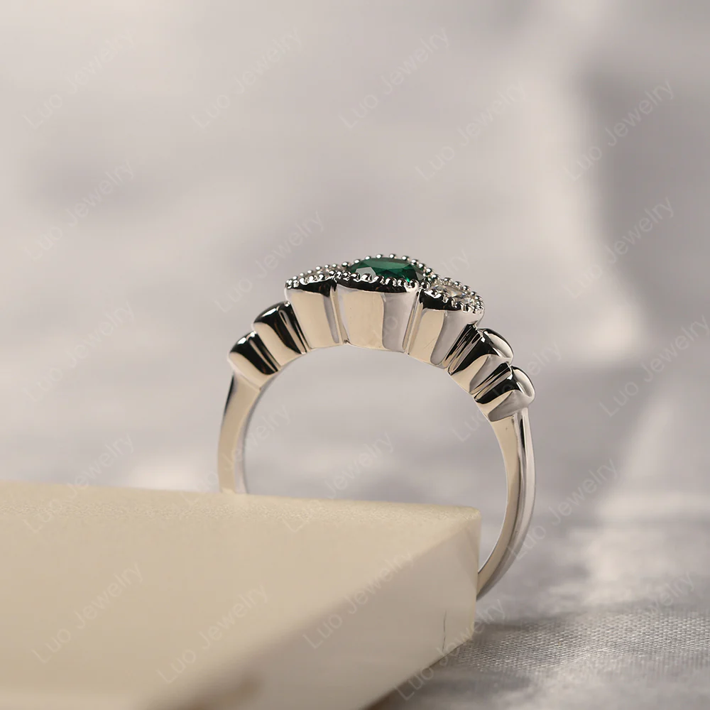 Emerald Three Stone Milgrain Ring - Image 4