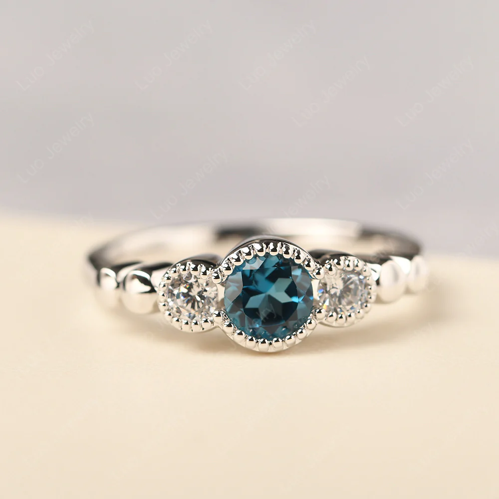 3 Stone Bezel Set London Blue Topaz Milgrain Ring