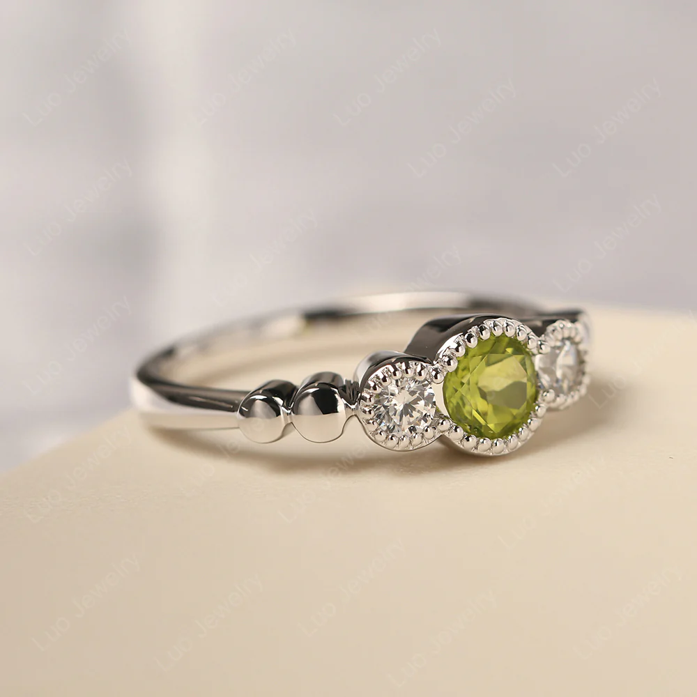 3 Stone Bezel Set Peridot Milgrain Ring - Image 2