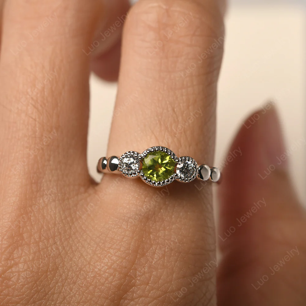 3 Stone Bezel Set Peridot Milgrain Ring - Image 5