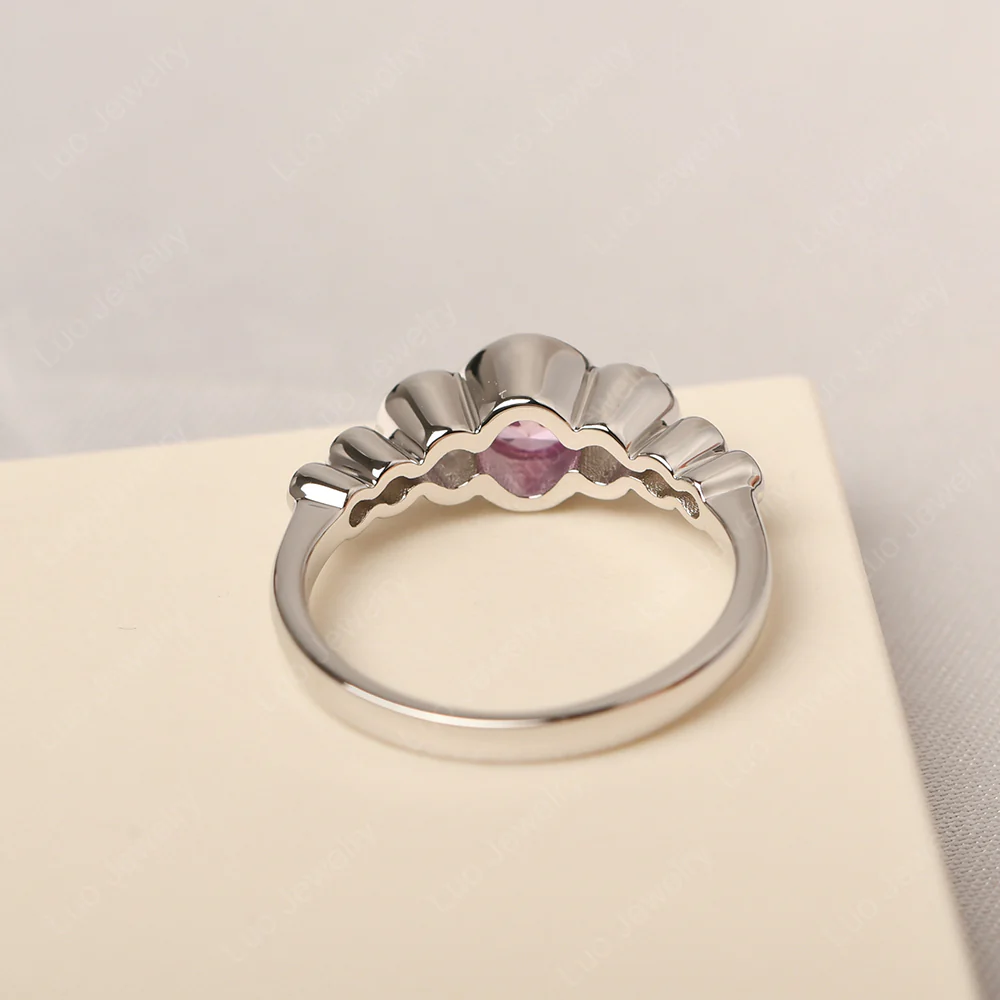 3 Stone Bezel Set Pink Sapphire Milgrain Ring - Image 3