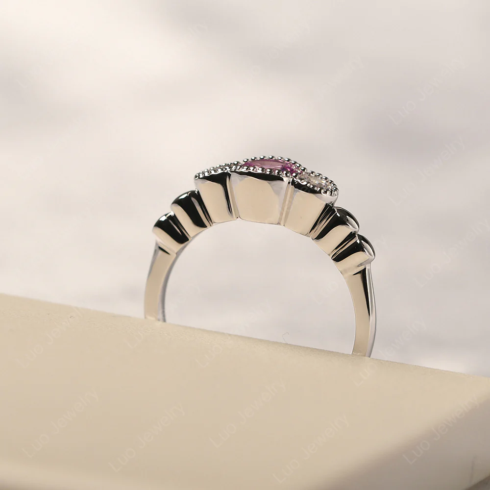 3 Stone Bezel Set Pink Sapphire Milgrain Ring - Image 4