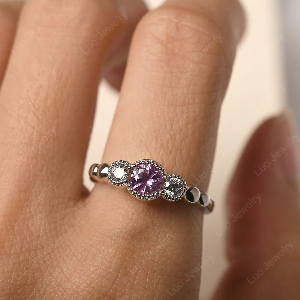 3 Stone Bezel Set Pink Sapphire Milgrain Ring - Image 5