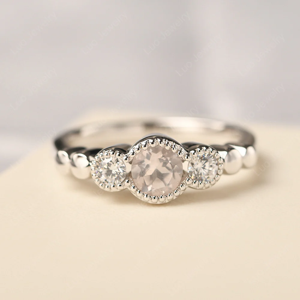Rose Quartz Three Stone Milgrain Ring