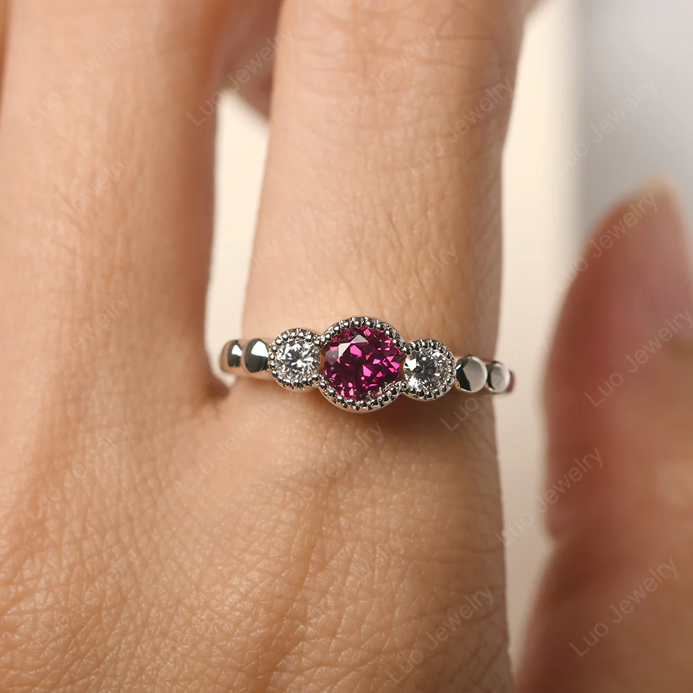 Ruby Three Stone Milgrain Ring - Image 5