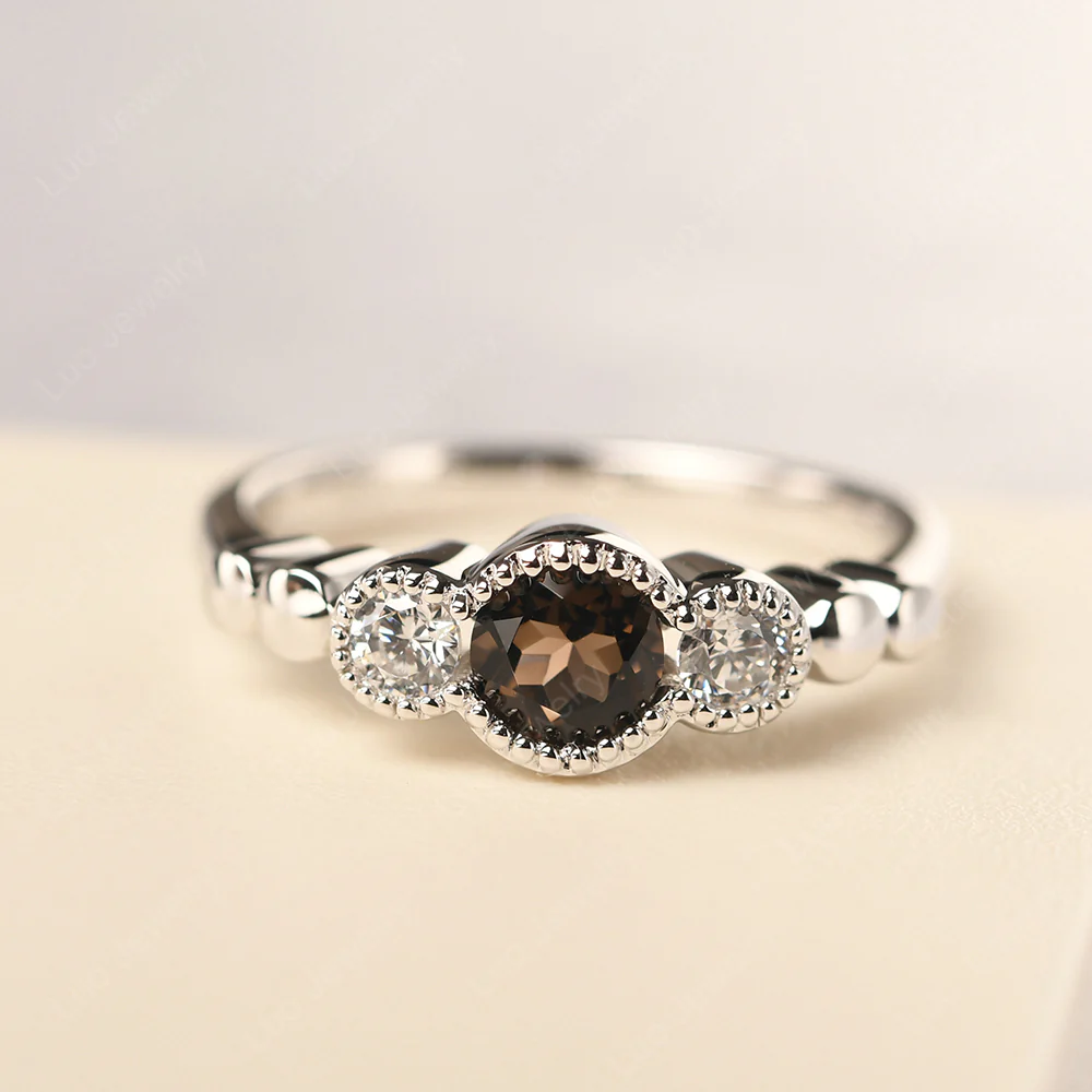 Smoky Quartz Three Stone Milgrain Ring
