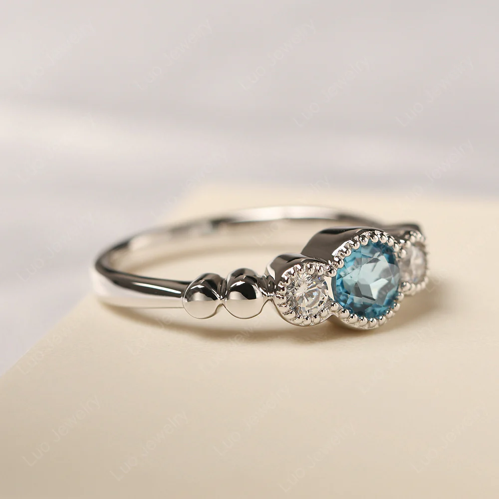 3 Stone Bezel Set Swiss Blue Topaz Milgrain Ring - Image 2