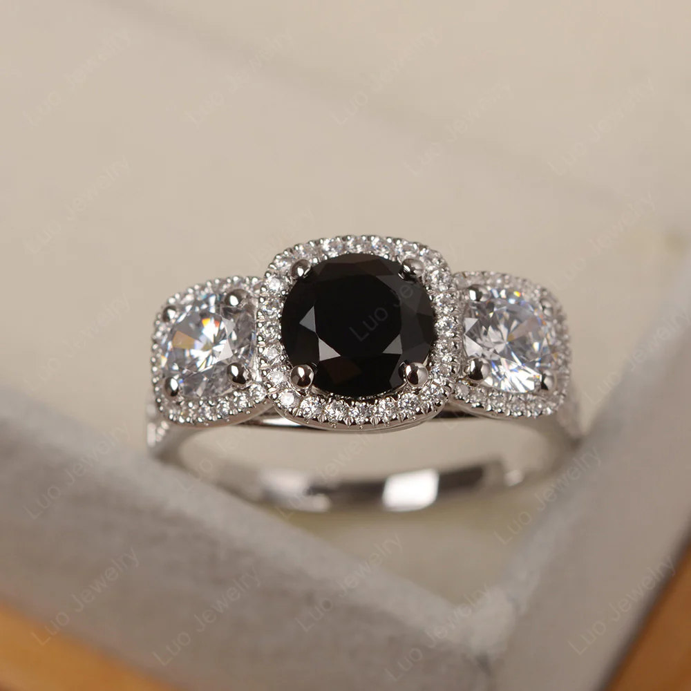 Black Spinel Three Stone Halo Engagement Ring