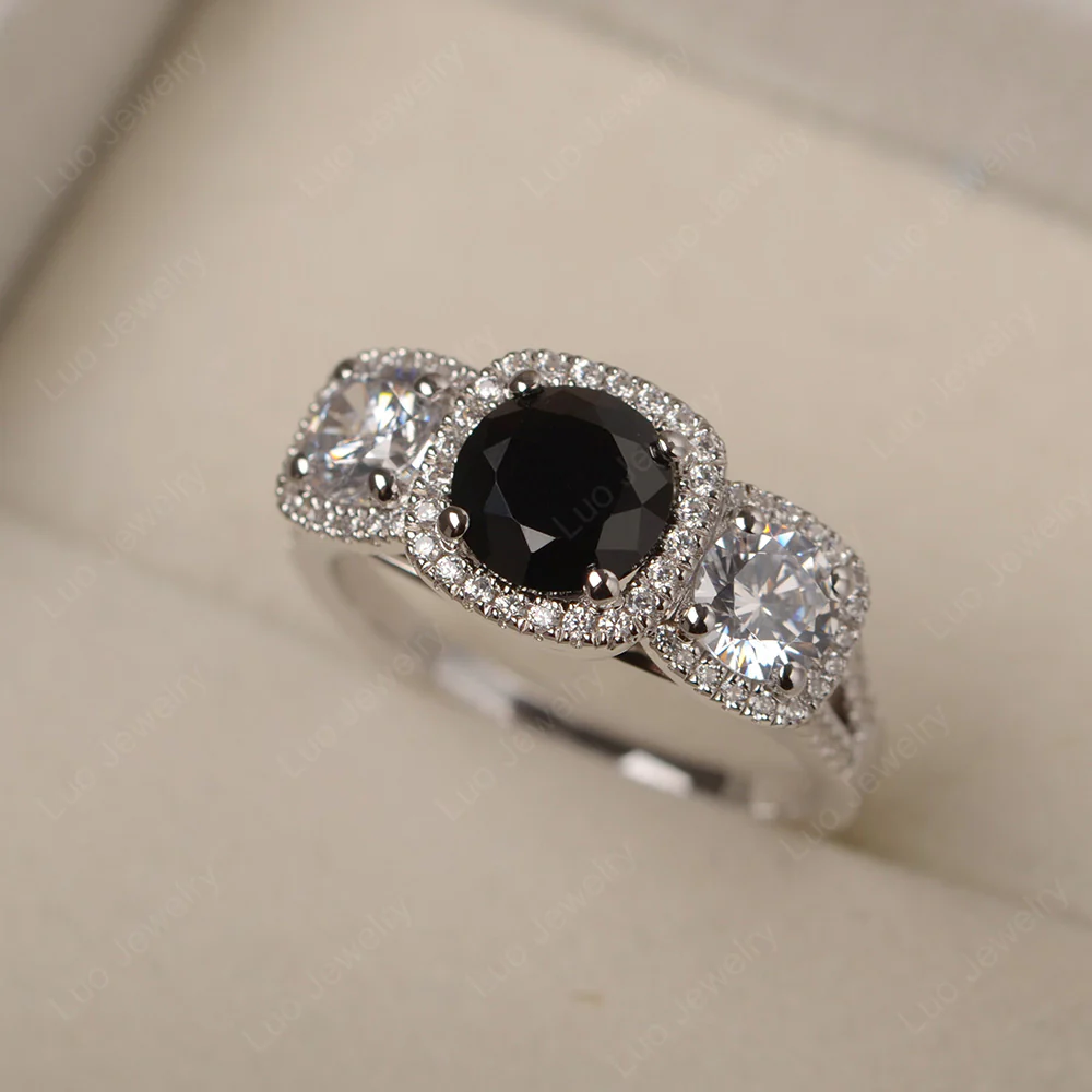 Black Spinel Three Stone Halo Engagement Ring - Image 2