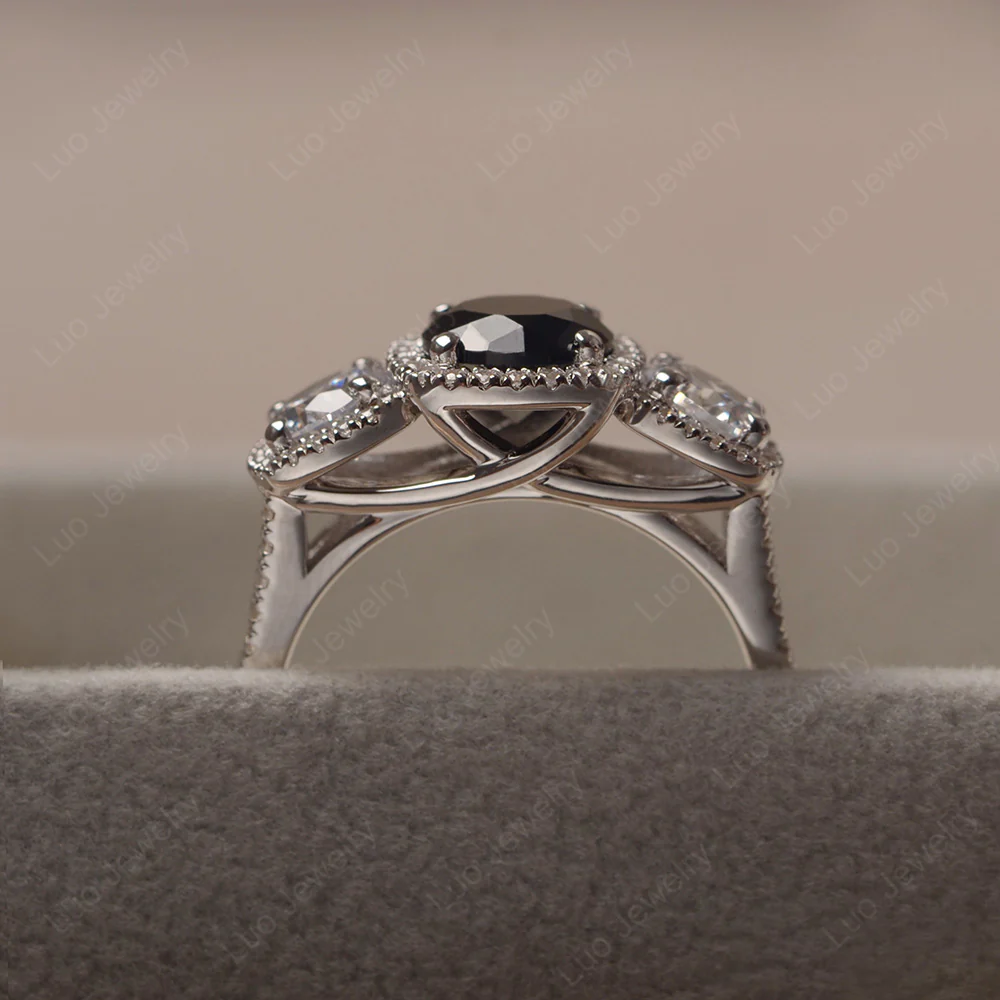 Black Spinel Three Stone Halo Engagement Ring - Image 4