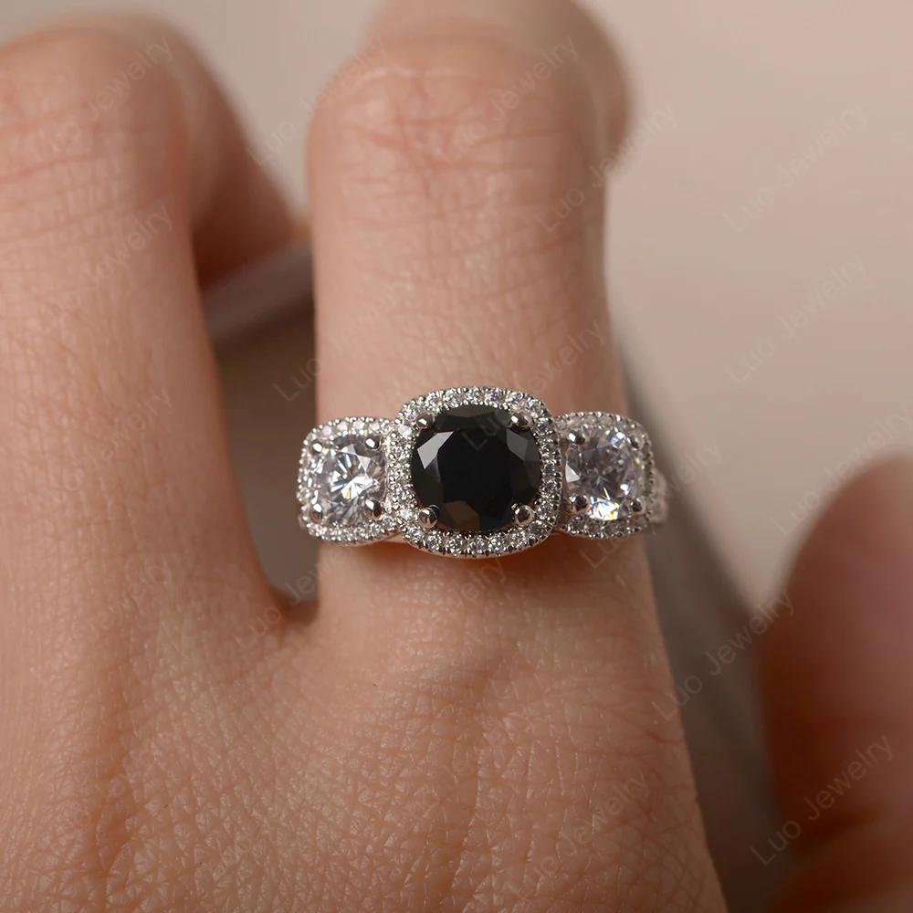 Black Spinel Three Stone Halo Engagement Ring - Image 5