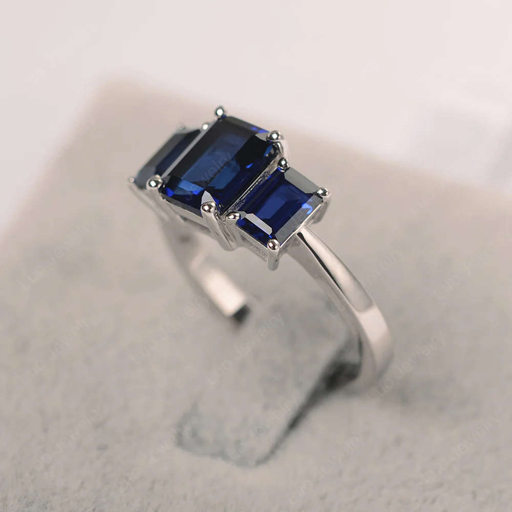 Sapphire Three Stone Emerald Cut Engagement Ring - Image 2