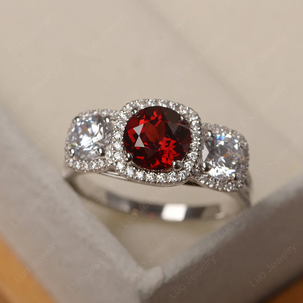 Garnet 3 Stone Halo Ring