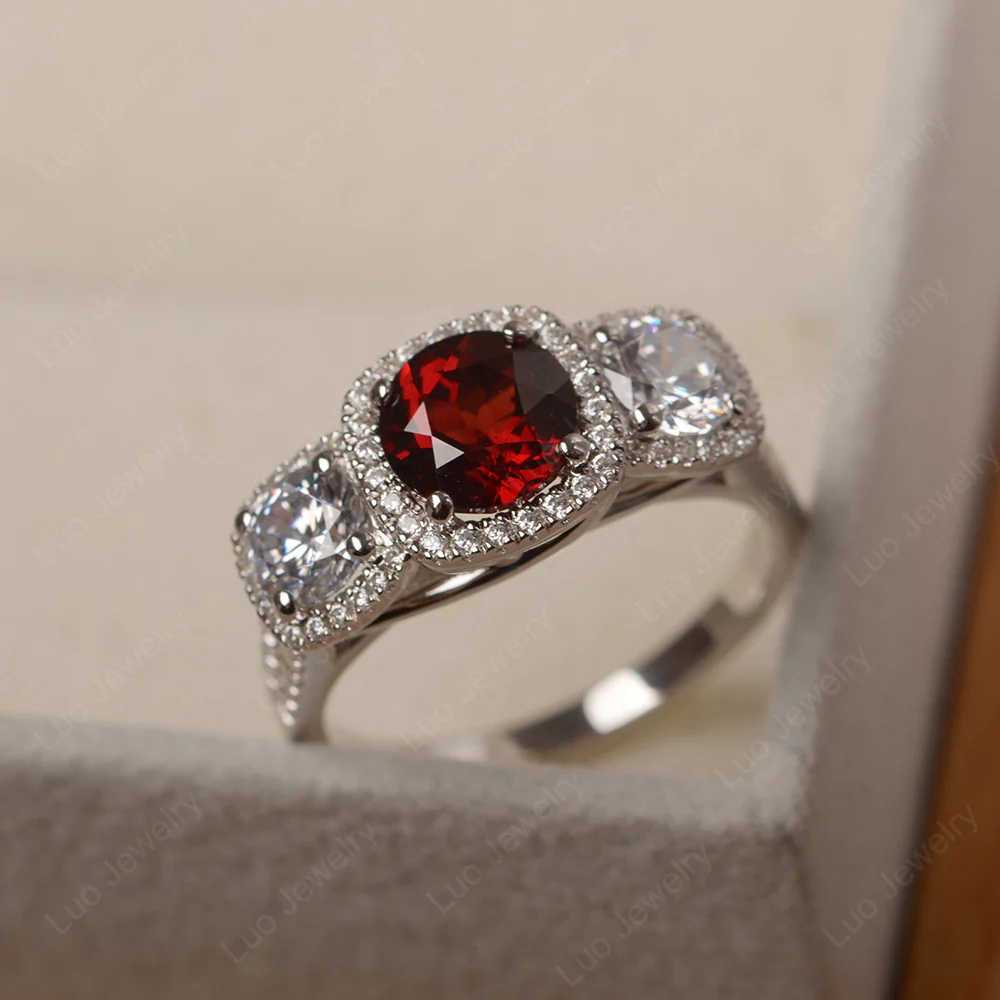 Garnet 3 Stone Halo Ring - Image 2