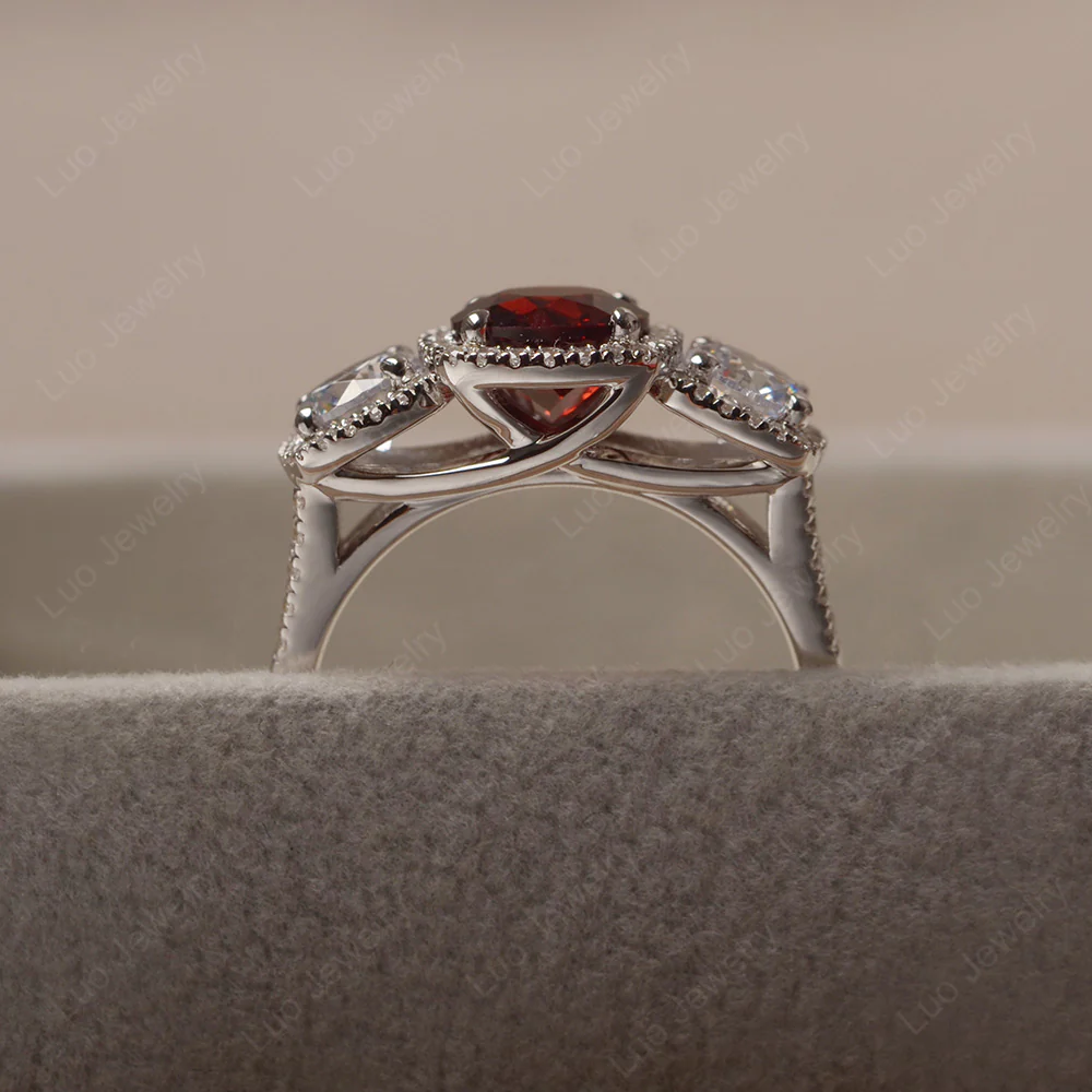Garnet 3 Stone Halo Ring - Image 4