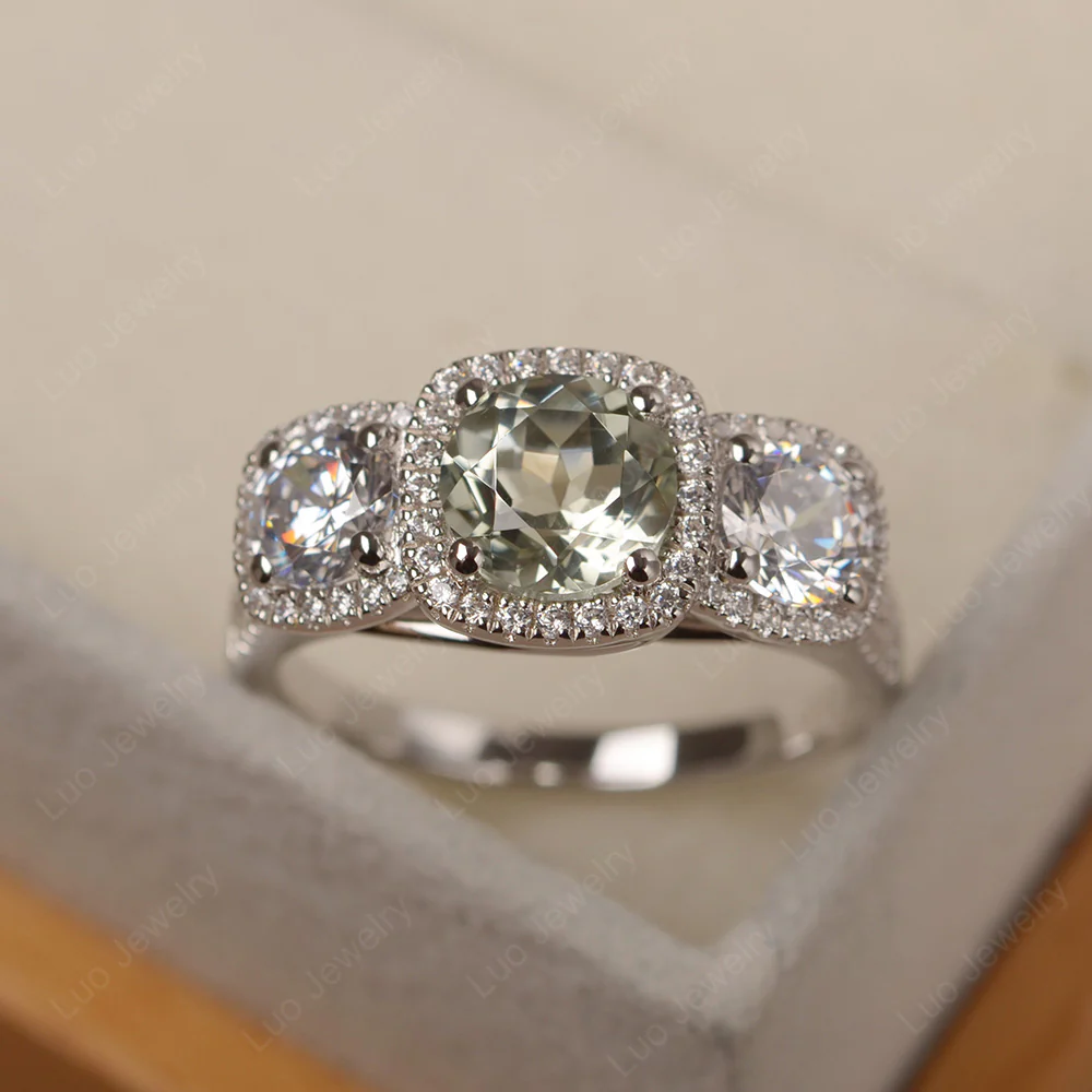 Green Amethyst Three Stone Halo Engagement Ring