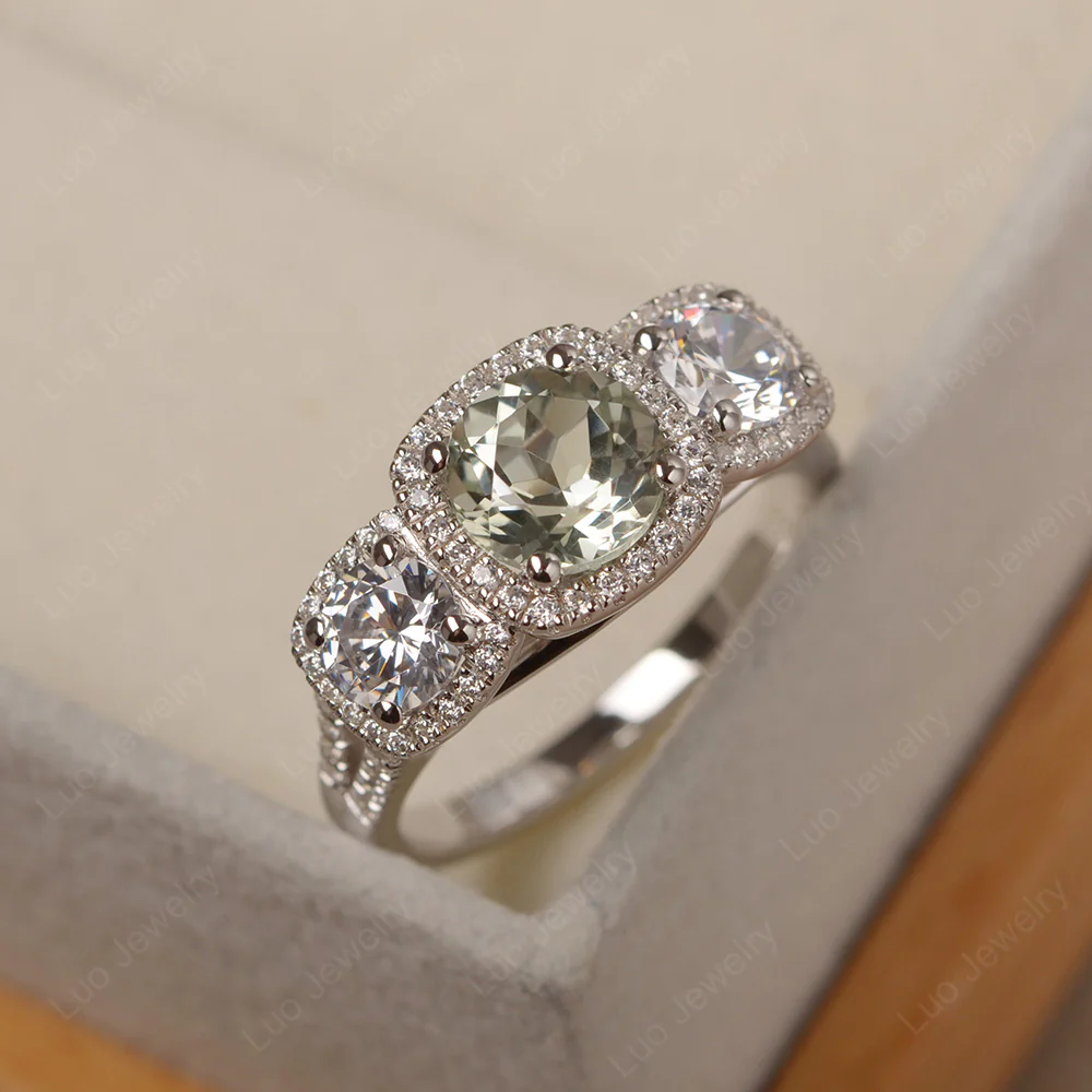Green Amethyst Three Stone Halo Engagement Ring - Image 2