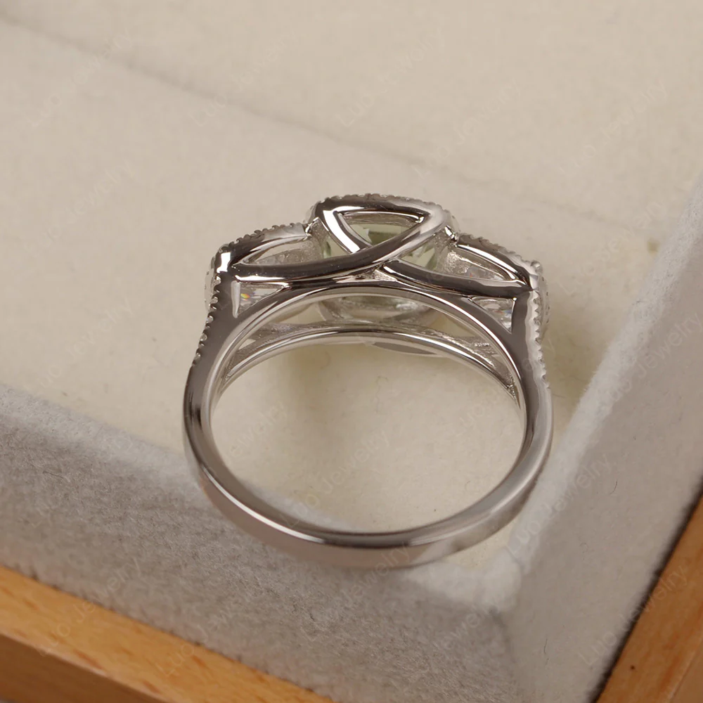 Green Amethyst Three Stone Halo Engagement Ring - Image 3