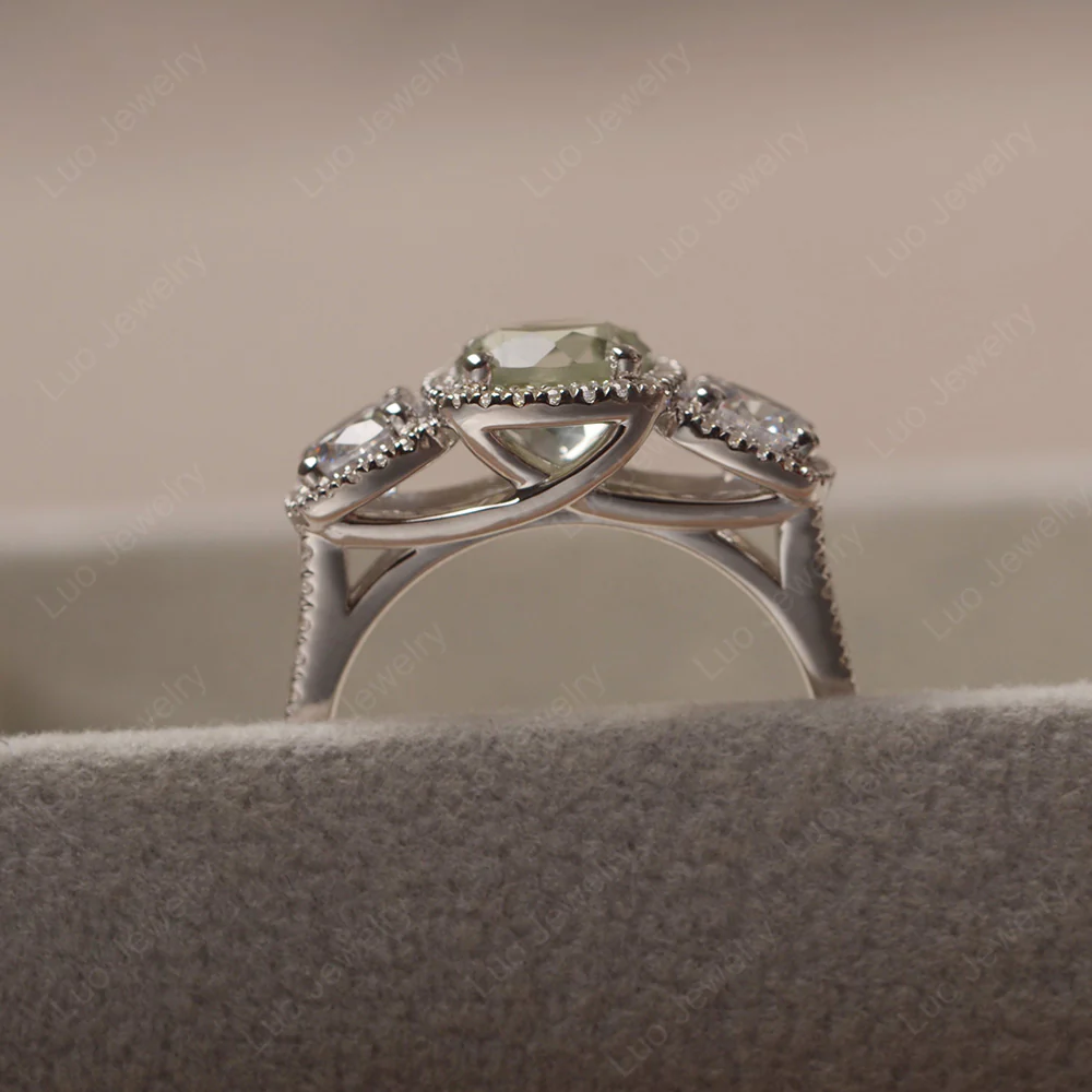 Green Amethyst Three Stone Halo Engagement Ring - Image 4