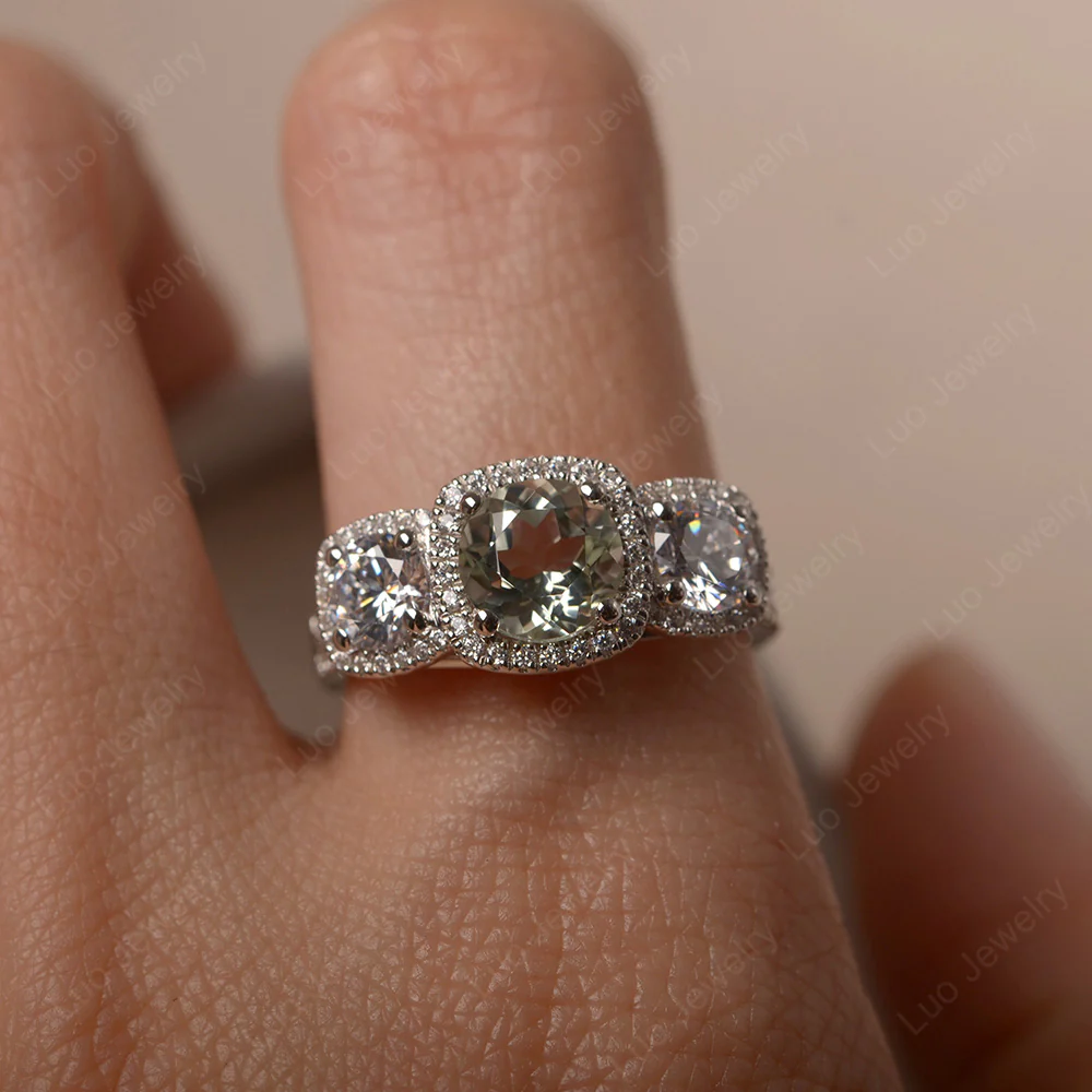 Green Amethyst Three Stone Halo Engagement Ring - Image 5
