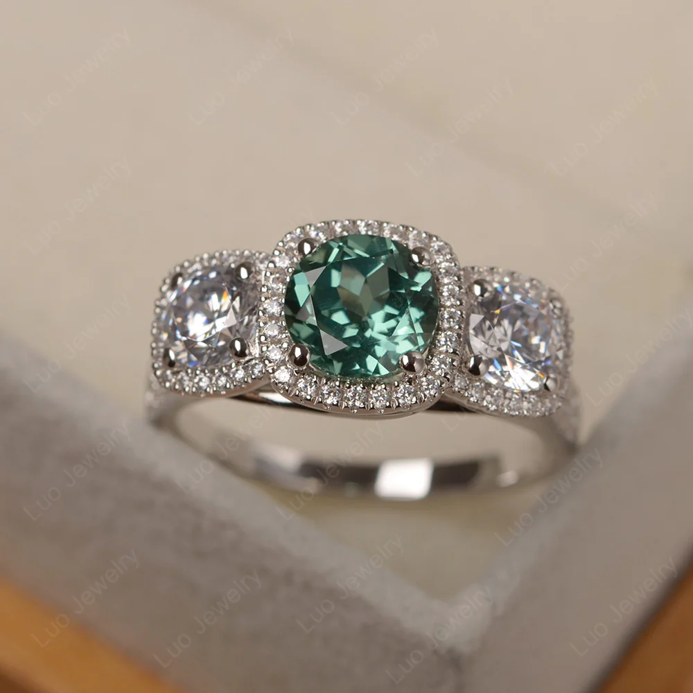 Green Sapphire 3 Stone Halo Ring