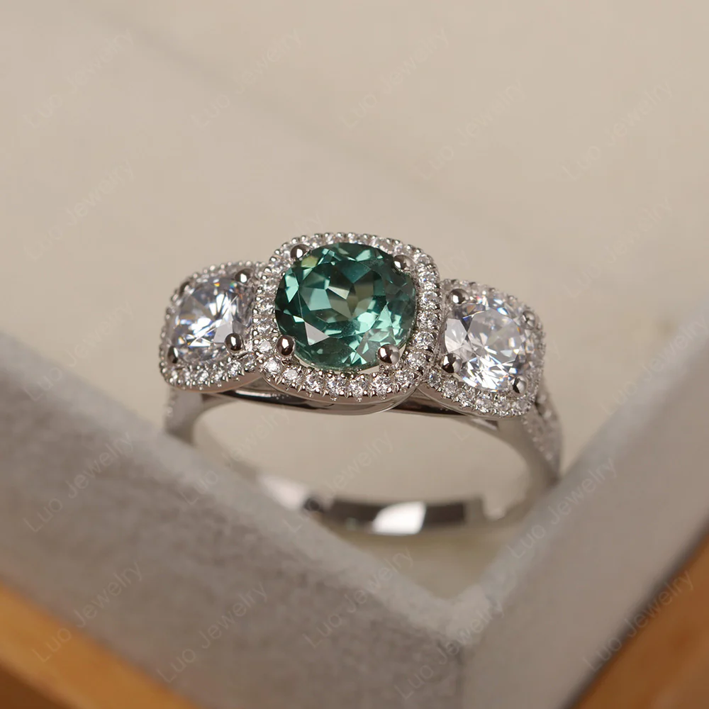 Green Sapphire 3 Stone Halo Ring - Image 2