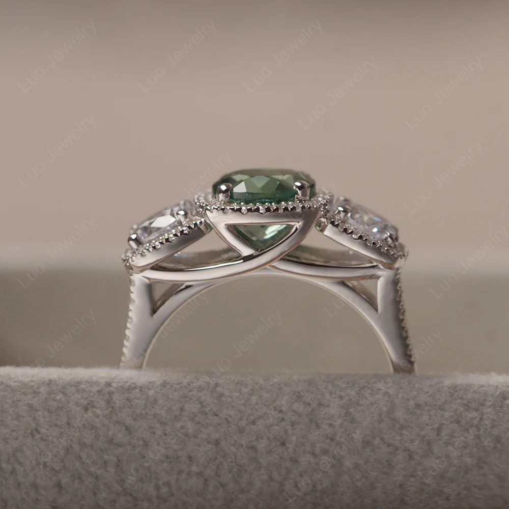 Green Sapphire 3 Stone Halo Ring - Image 4
