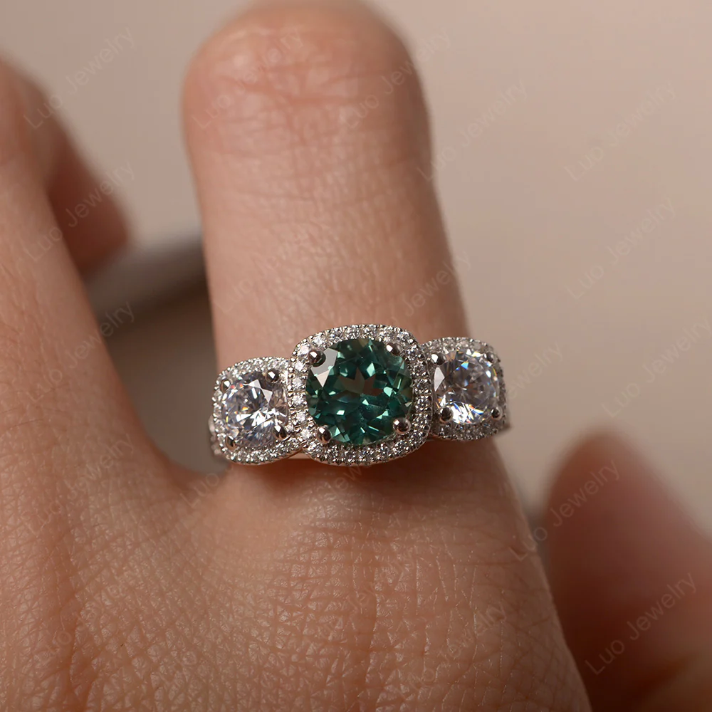 Green Sapphire 3 Stone Halo Ring - Image 5