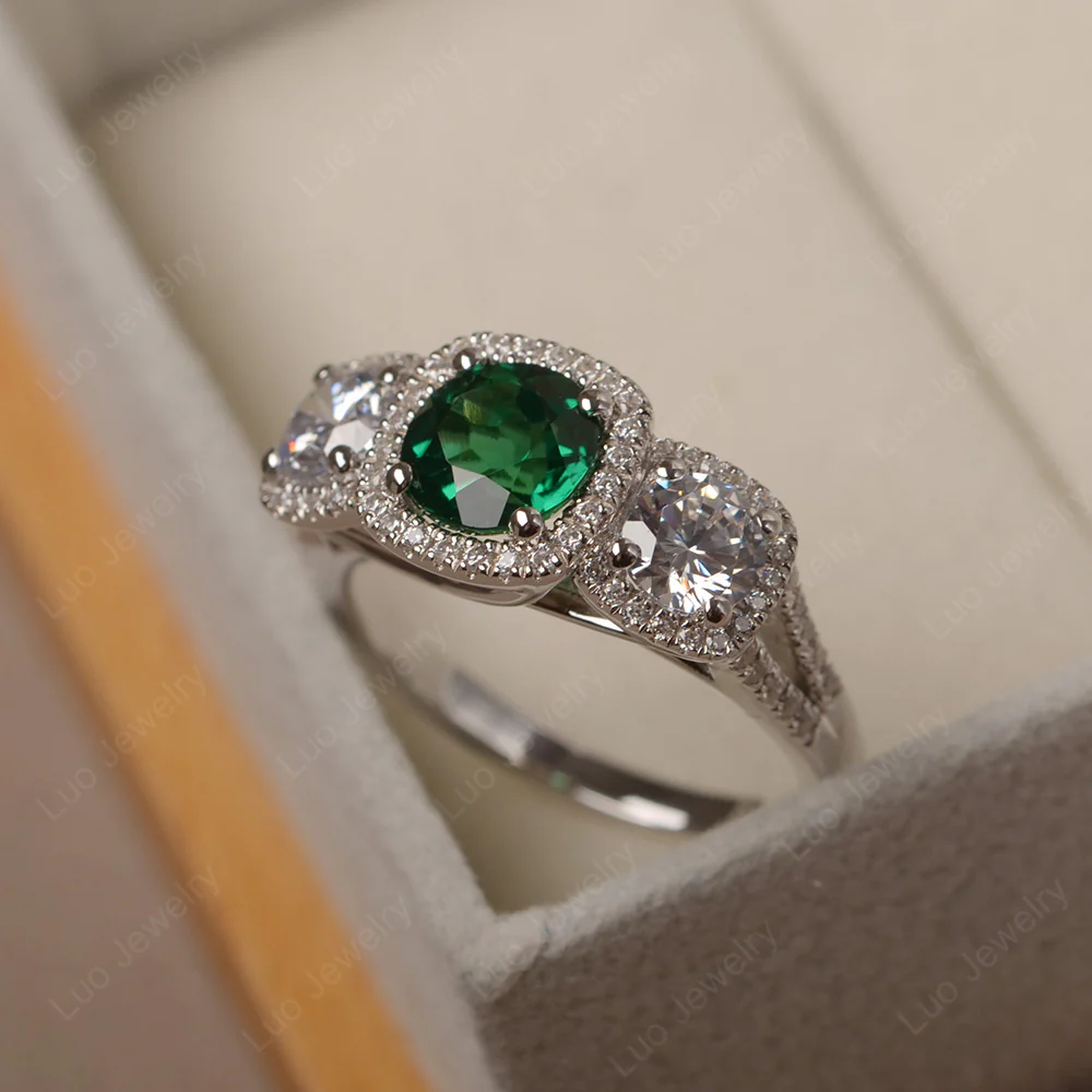 Emerald Three Stone Halo Engagement Ring - Image 2