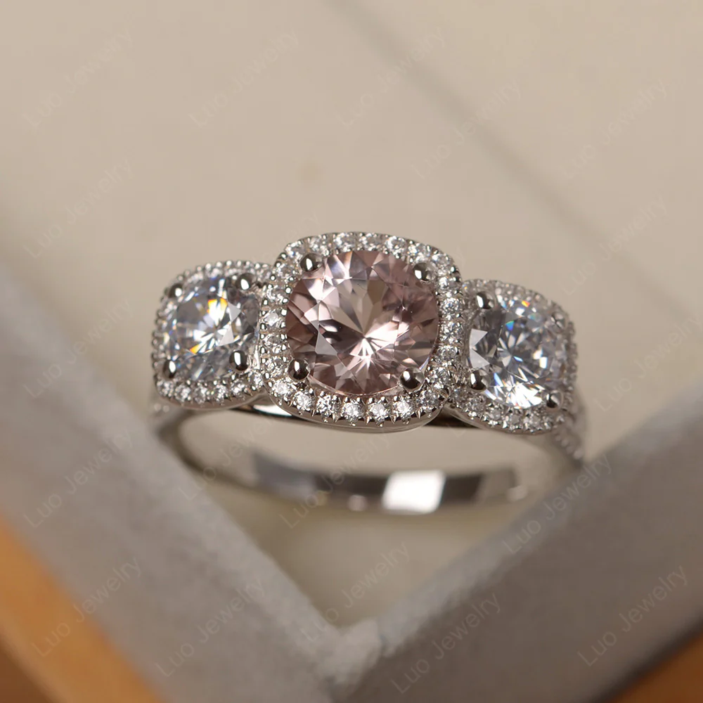 Morganite 3 Stone Halo Ring