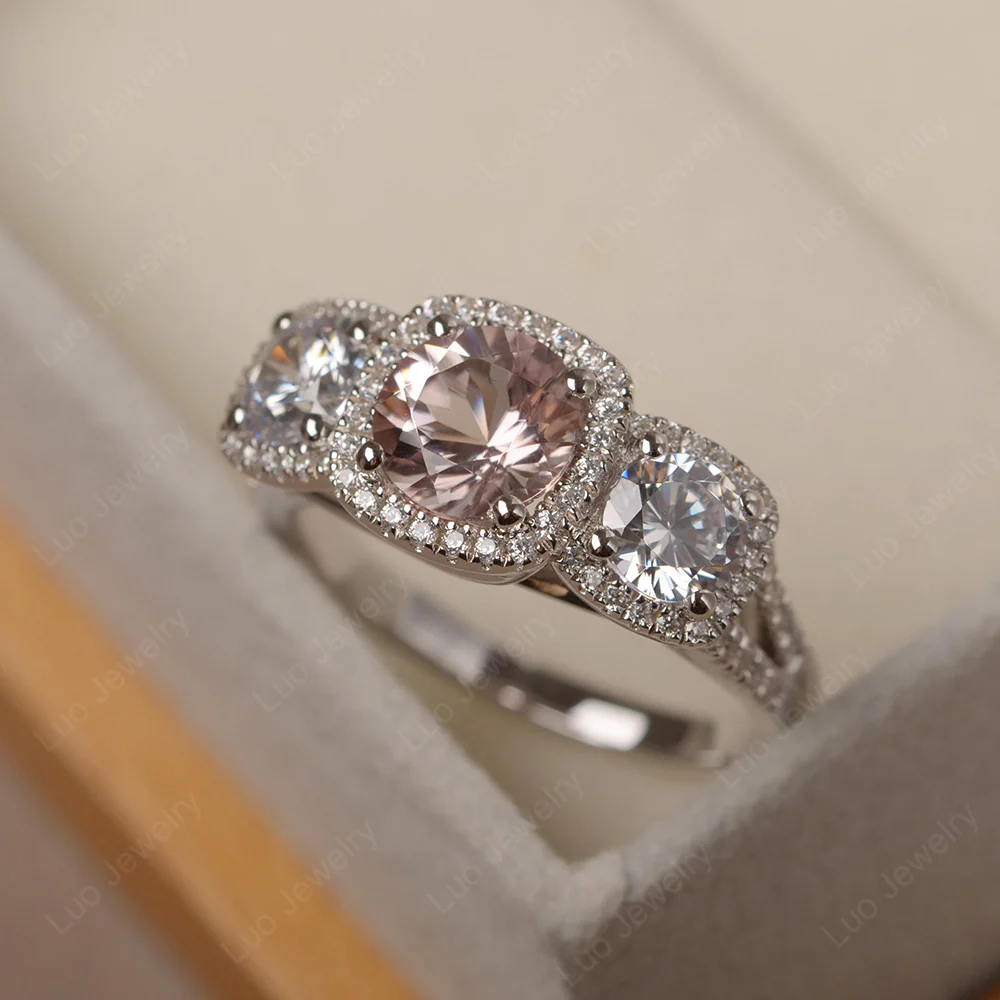 Morganite 3 Stone Halo Ring - Image 2