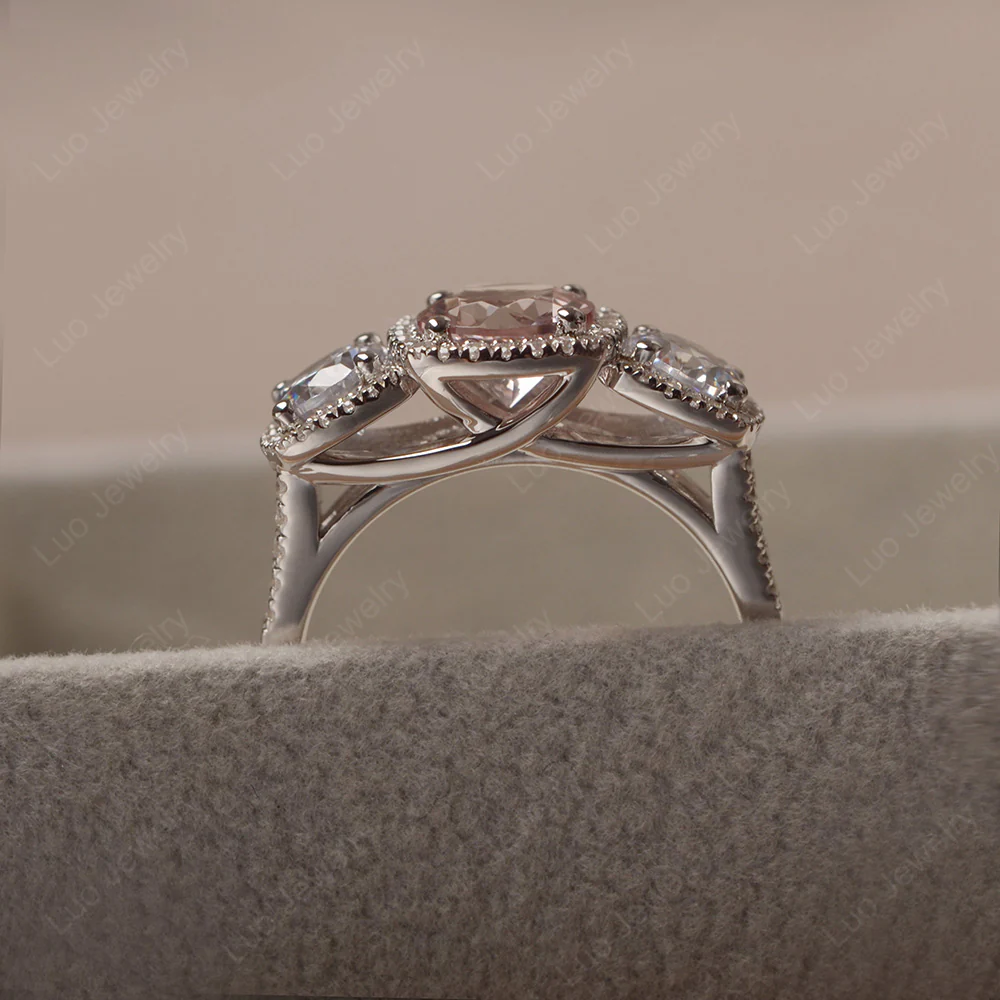 Morganite 3 Stone Halo Ring - Image 4
