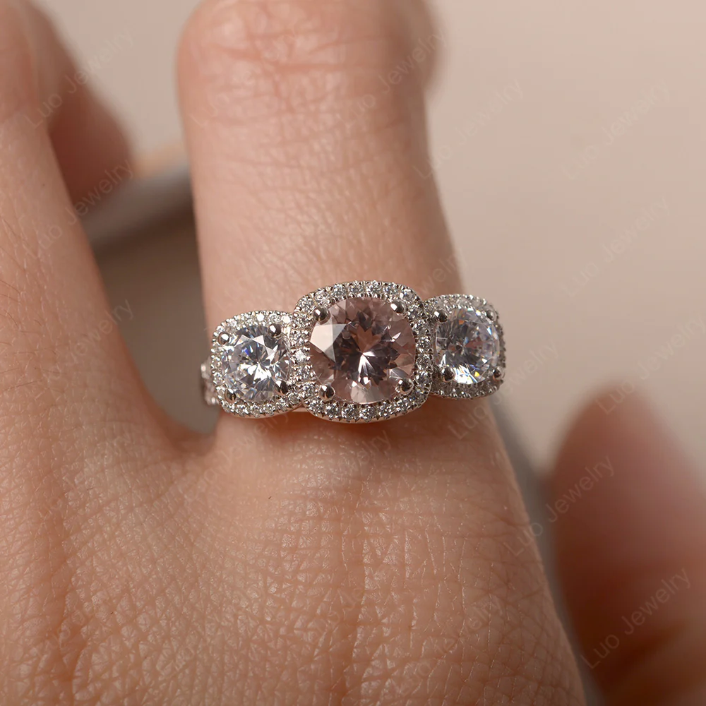Morganite 3 Stone Halo Ring - Image 5