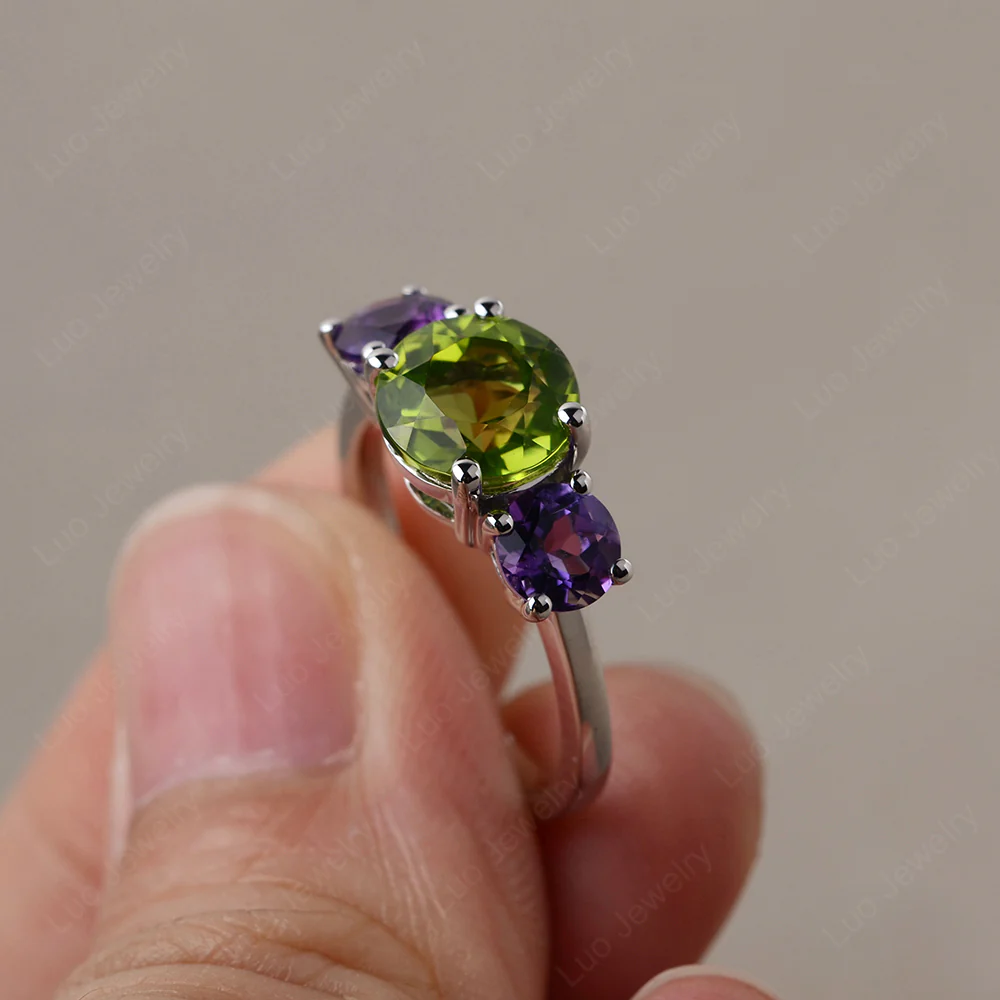 Peridot and Amethyst Three Stone Ring - Image 2