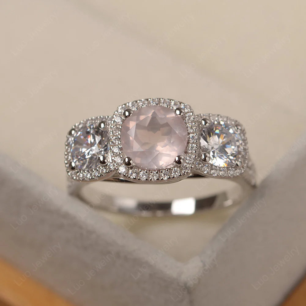 Rose Quartz 3 Stone Halo Engagement Ring