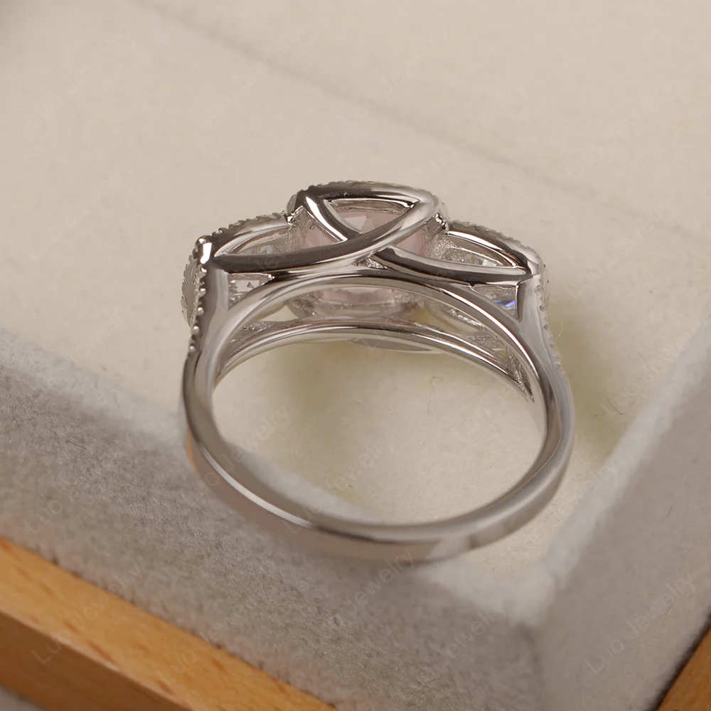 Rose Quartz 3 Stone Halo Engagement Ring - Image 3